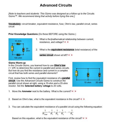 gizmo circuits worksheet answer key